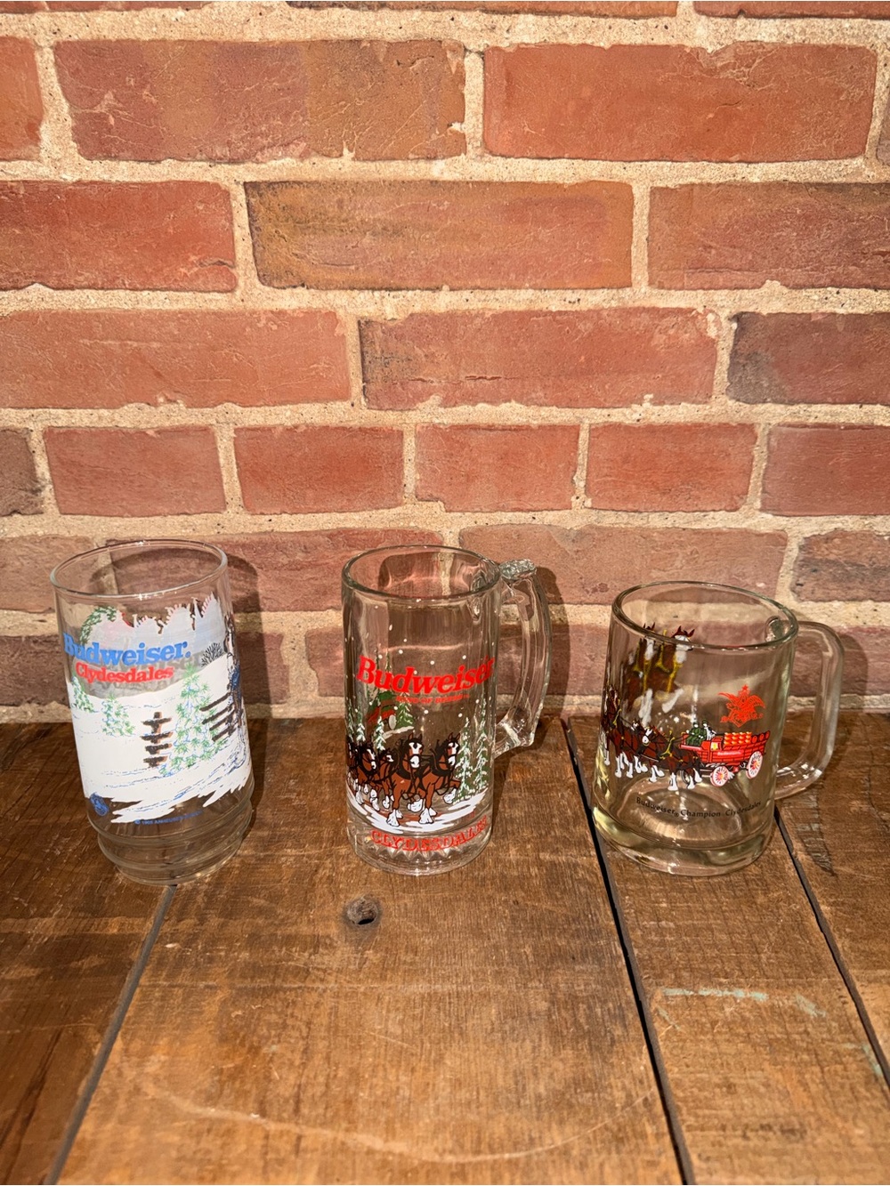 Budweiser Holiday Clydesdale Glass Mugs with Red and Green Accents